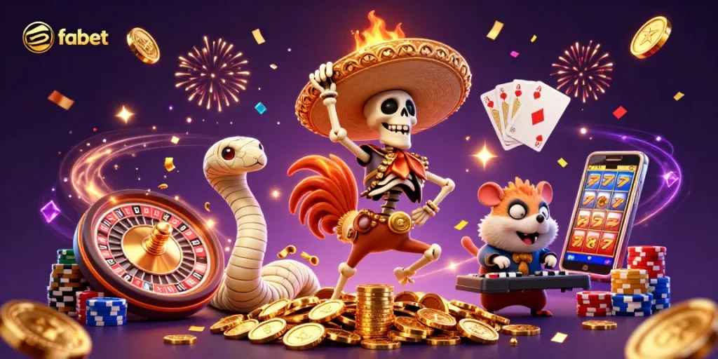 Experience fun gaming with fabet’s vibrant characters celebrating wins amid dazzling casino elements.