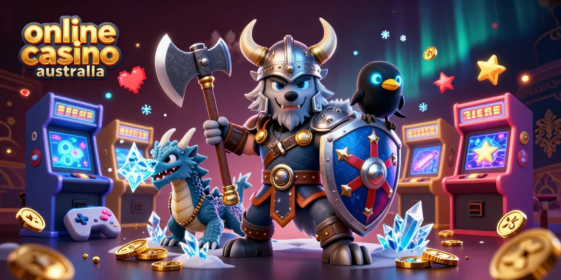 Engage with vibrant elements of online casino australia, featuring a Viking wolf warrior, a dragon, and a raven amidst arcade and gaming visuals.