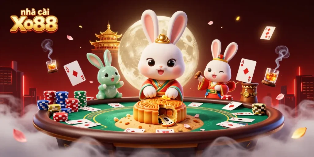 Play thrilling poker with Nhà cái Xo88 featuring a playful moon rabbit on a lunar-themed table.
