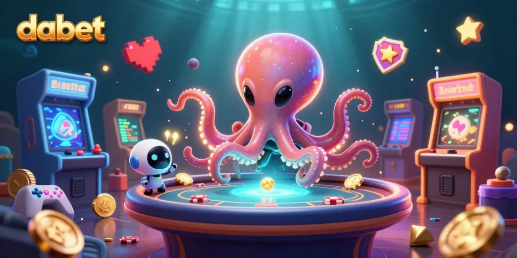 Dabet's cartoon alien octopus playing holographic poker surrounded by vibrant gaming elements.