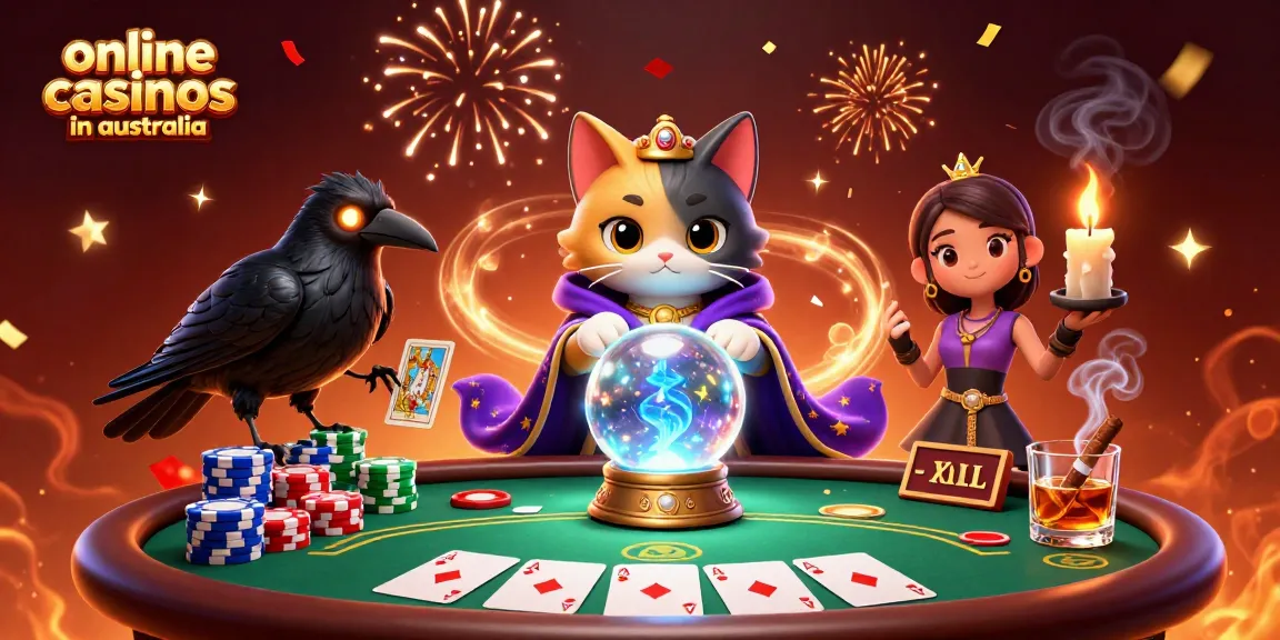 Engage with online casinos in Australia through this vibrant 3D cartoon illustration featuring a mystic cat and poker elements.
