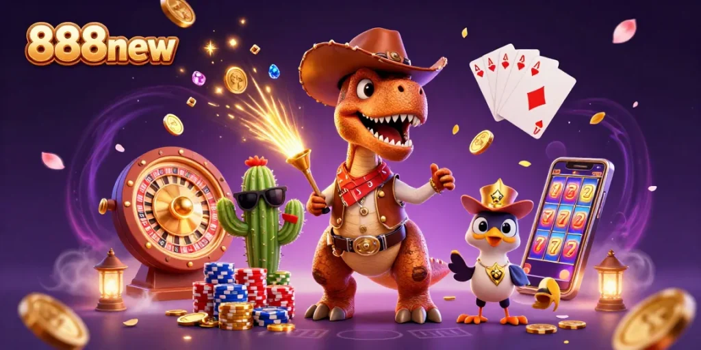 Play thrilling games with 888new's vibrant characters amidst cascading coins and cards.