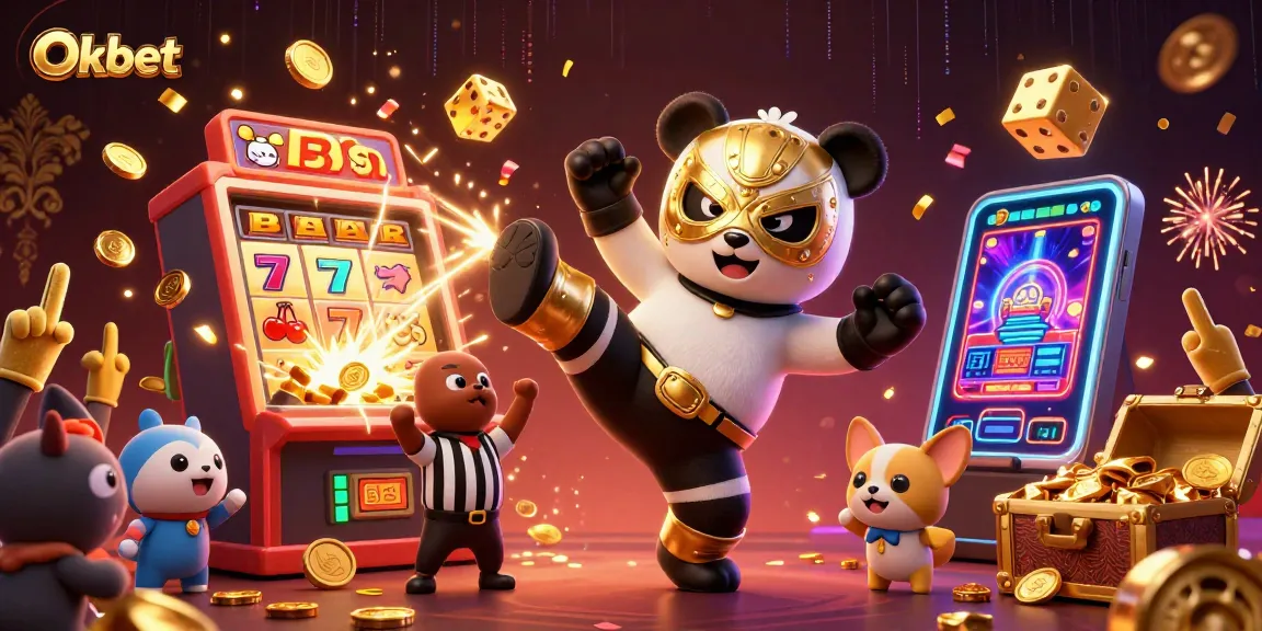 Experience the excitement of Oxbet with a lively 3D cartoon casino scene featuring a wrestler panda and vibrant slots.