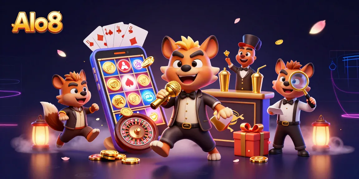 Alo8 hyenas host a vibrant casino scene with games and drinks flowing, showcasing the lively atmosphere of gambling.