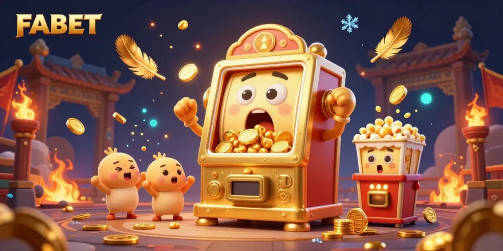 Experience thrilling jackpots at FABET as cartoon slot machines celebrate wins amidst a vibrant casino atmosphere.