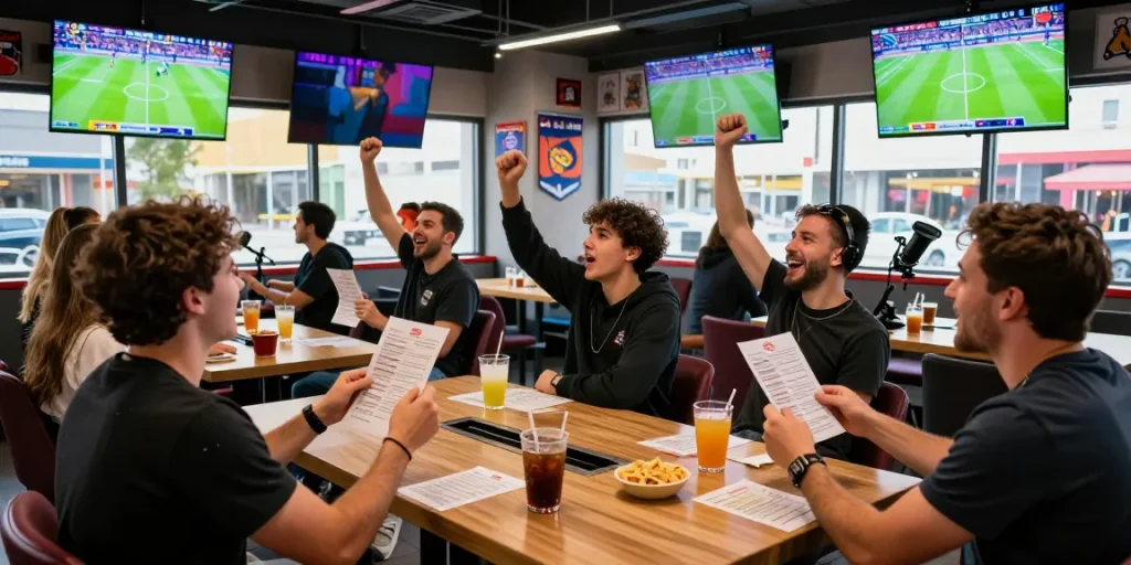 Friends enjoying live sports betting at 22Bet España, showcasing excitement and camaraderie.