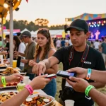 Engaged festival-goers using cashless en festivales wristbands for seamless payments in a vibrant outdoor setting.
