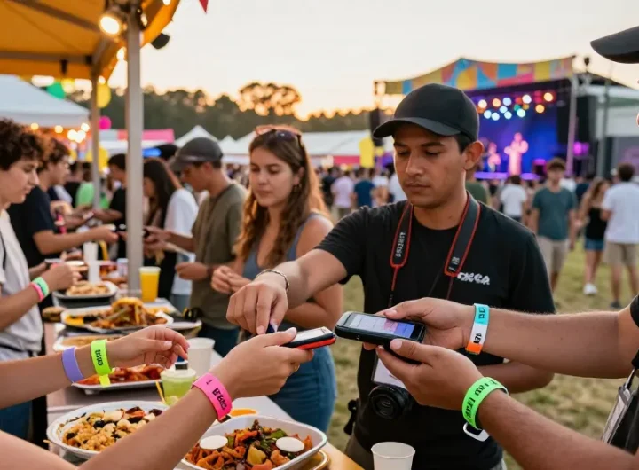 Engaged festival-goers using cashless en festivales wristbands for seamless payments in a vibrant outdoor setting.