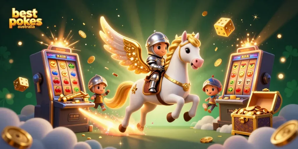 Experience the thrill of the best online pokies australia with an exhilarating 3D illustration of slot machines, symbols, and golden treasures in motion.