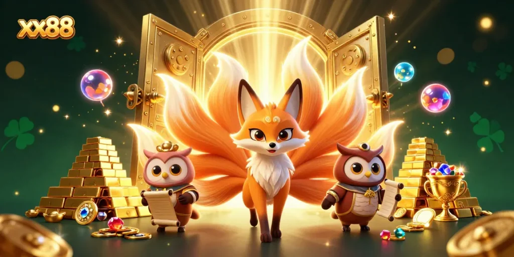 Experience thrilling wins at xx88 with a vibrant 3D casino illustration filled with treasures.