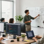 Build internal tools with AI in a vibrant workspace with a diverse team collaborating.