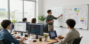 Build internal tools with AI in a vibrant workspace with a diverse team collaborating.