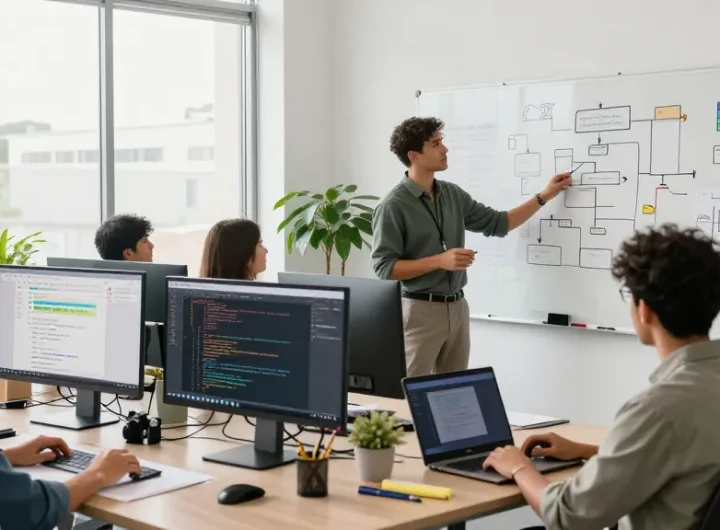 Build internal tools with AI in a vibrant workspace with a diverse team collaborating.