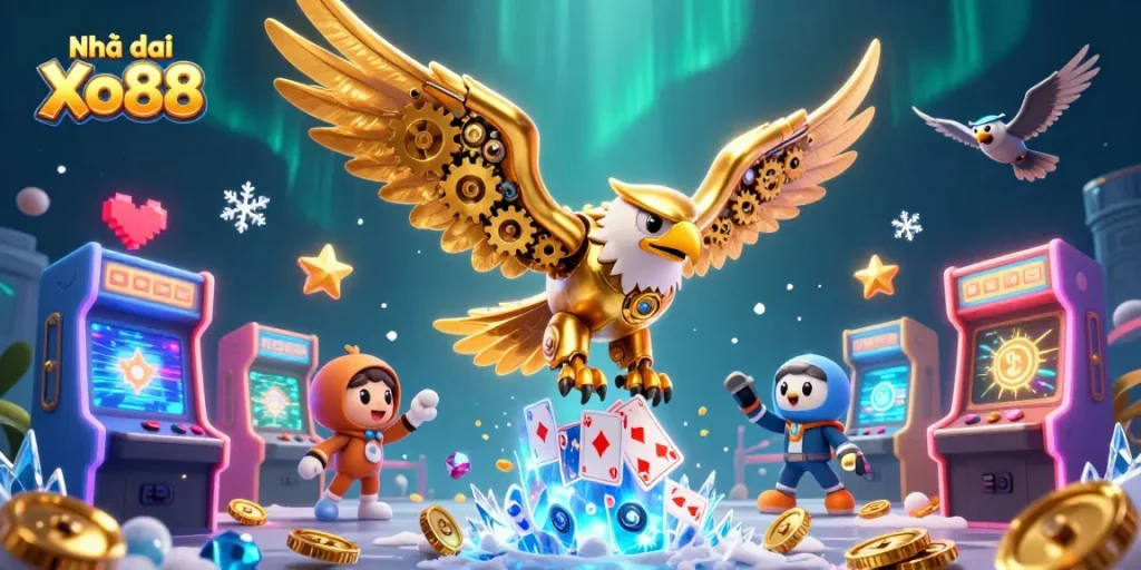 Experience thrill with Nhà cái Xo88's cybernetic eagle diving through holographic casino cards.