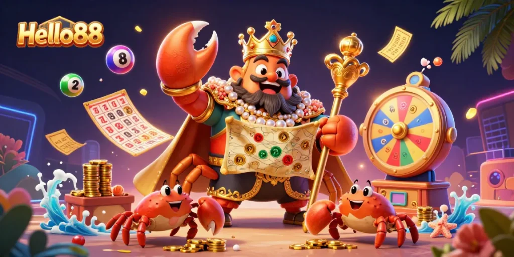 Hello88 engages players with vibrant lottery elements in a lively casino illustration featuring a golden crab emperor.