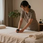 천호동출장안마 scene with a professional therapist preparing a tranquil home spa for a personalized massage.
