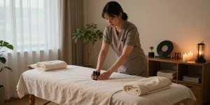 천호동출장안마 scene with a professional therapist preparing a tranquil home spa for a personalized massage.