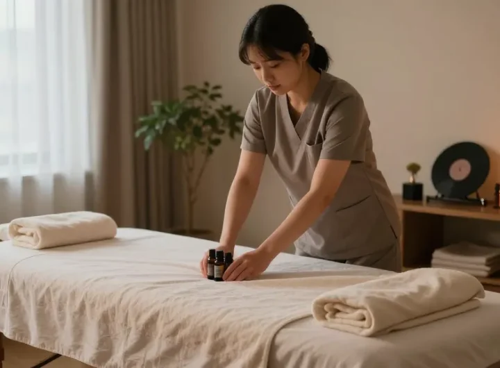 천호동출장안마 scene with a professional therapist preparing a tranquil home spa for a personalized massage.