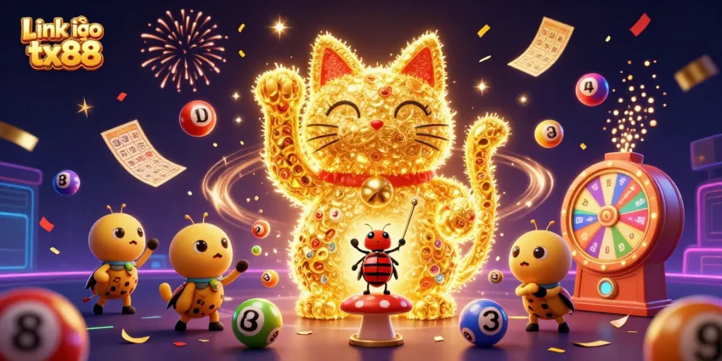 Link vào tx88 features a vibrant scene with a giant lucky cat, colorful lottery elements, and celebratory effects.