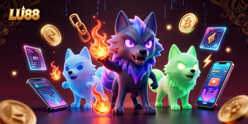 Engage with LU88’s thrilling gaming experiences featuring a shadow wolf leader in a vibrant crypto casino scene.