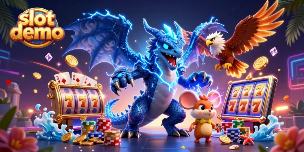 Slot demo menarik dan interaktif dengan karakter seru dan elemen permainan kasino.