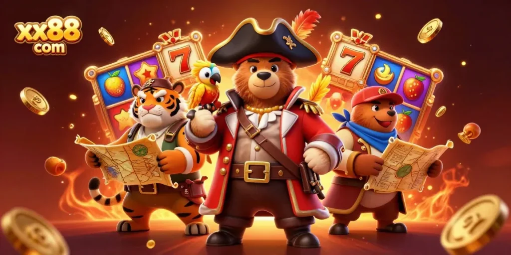 Experience the excitement at xx88 com with vibrant slot reels and characters in action.