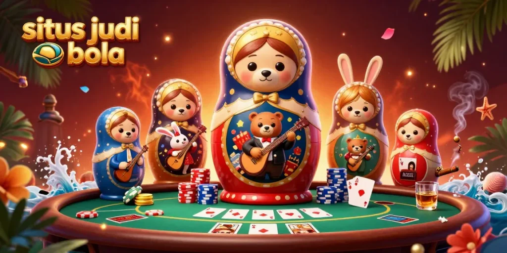 Gambarlah aksi menarik di situs judi bola dengan poker, beruang Matryoshka, dan hiasan unik.