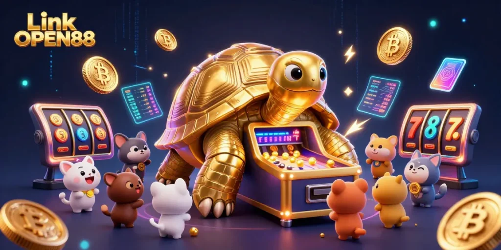 Experience thrilling gameplay with the colossal golden tortoise at Link OPEN88 surrounded by vibrant crypto elements.