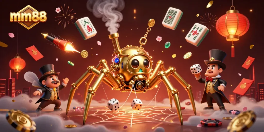 Experience thrilling wins at mm88 with a steampunk spider and poker chips in this vibrant digital art.