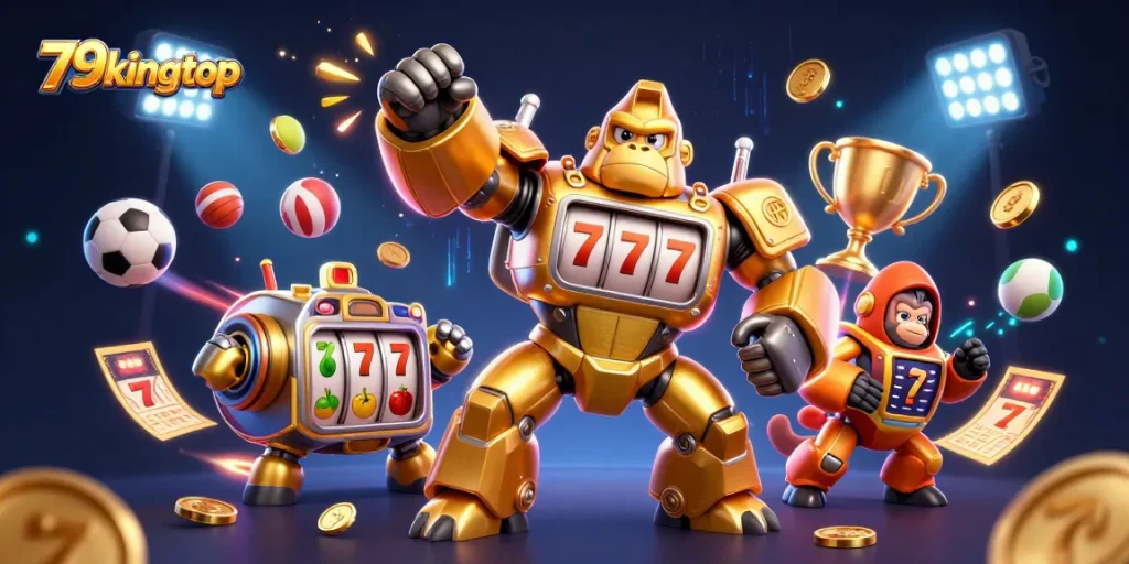 Experience the thrill of winning at 79kingtop with a vibrant 3D casino scene including a golden gorilla mech!