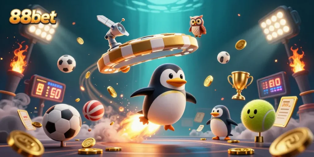 88bet showcases a golden penguin in a cosmic casino scene filled with flying sports elements and golden coins.