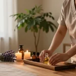 Relaxing 의왕출장마사지 setting with therapist preparing oils and tranquil atmosphere.