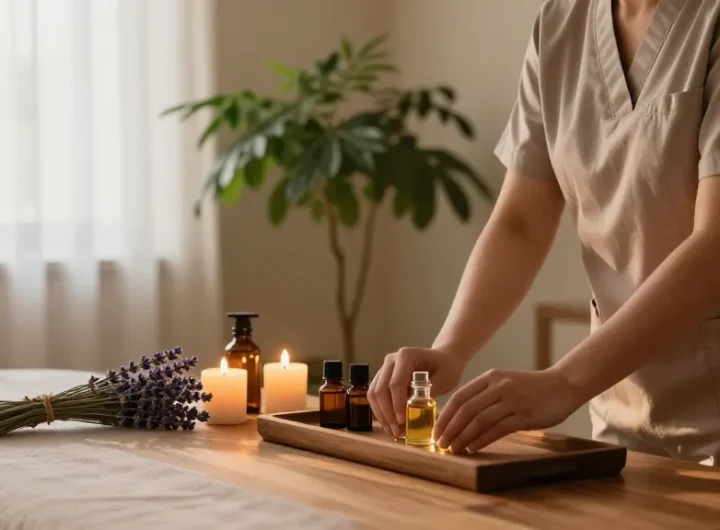 Relaxing 의왕출장마사지 setting with therapist preparing oils and tranquil atmosphere.