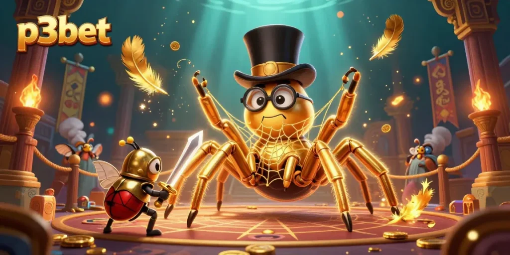 Engage in thrilling gameplay with p3bet, where a golden tarantula weaves fortune in a vibrant casino.