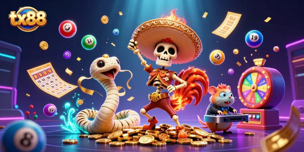 Engage with thrilling tx88 lottery excitement featuring dynamic characters and vibrant casino elements.
