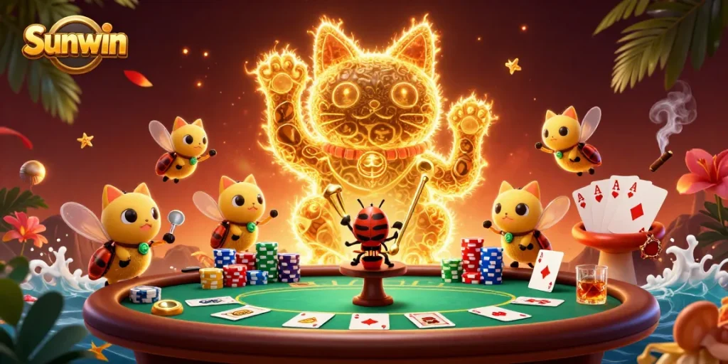 Experience vibrant gameplay with sunwin's animated lucky cat surrounded by poker symbols and fireflies.