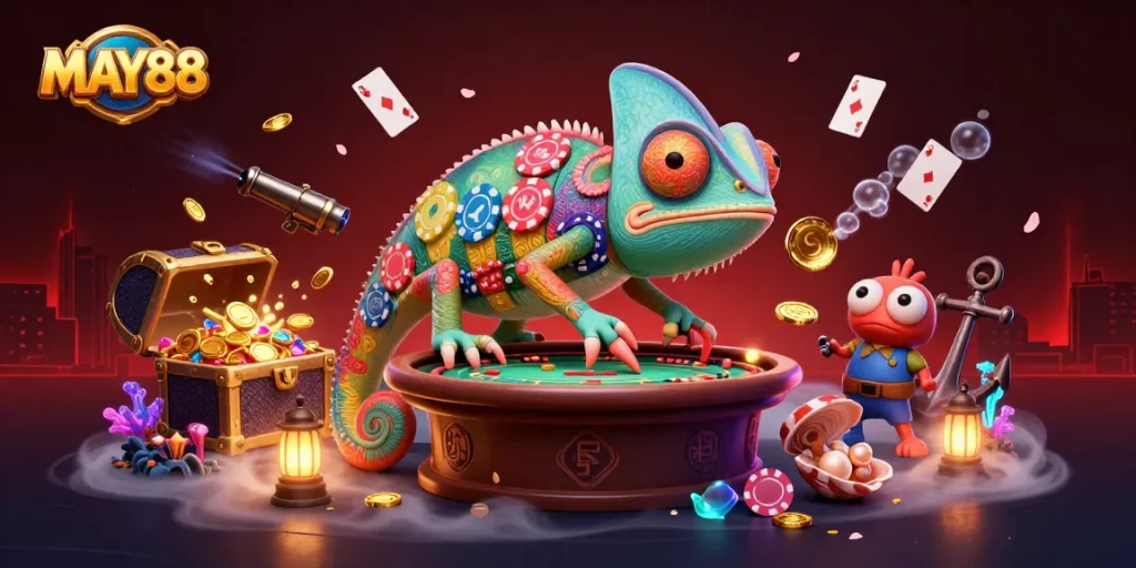 MAY88 invites players to experience thrilling wins with a chameleon casino owner amidst gold and gems.