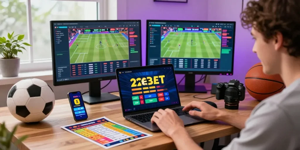 Engaging with 22Bet online betting platform in a vibrant home office.