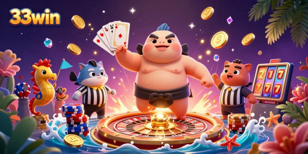 Engage with winning excitement at 33win’s vibrant underwater casino scene featuring a fugu sumo.
